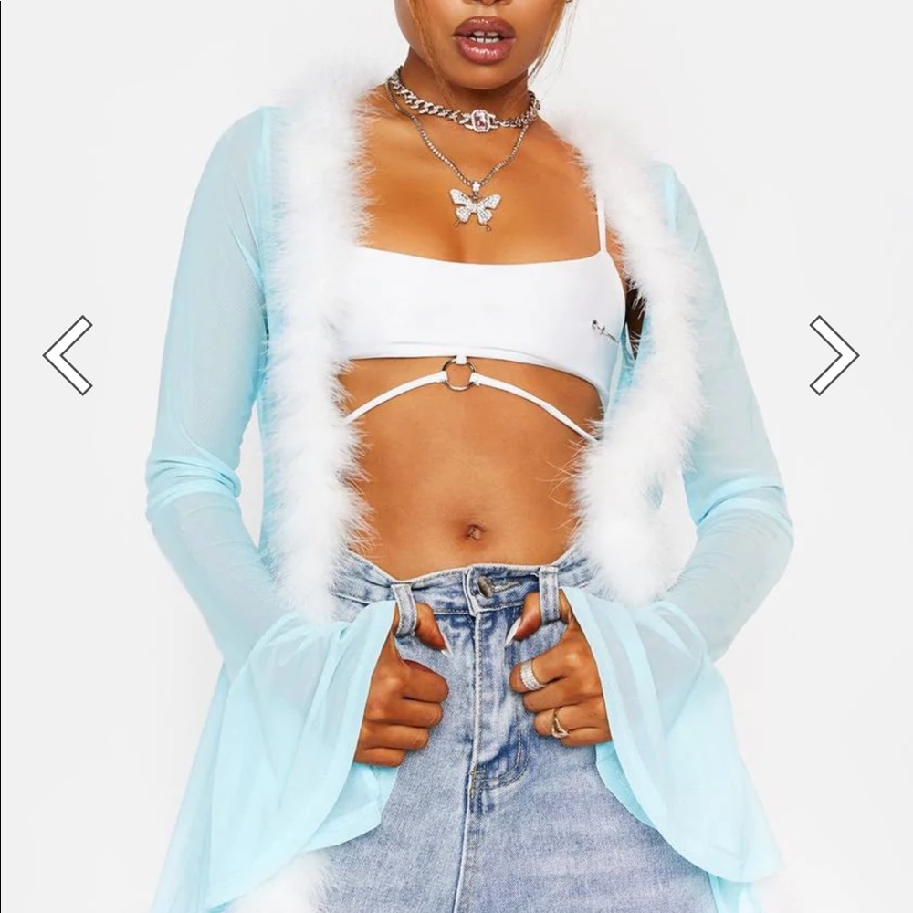 COPY - Dolls Kills Blue Pale Front And Center Mesh Kimono with Feathers